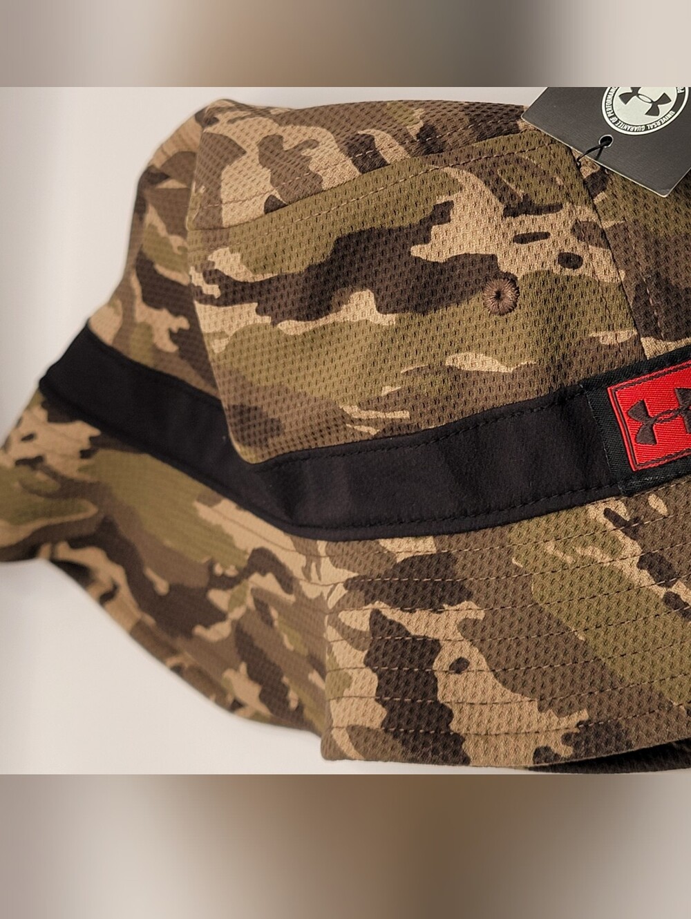 Under Armour Camo Bucket Hat with Black Band and Red Logo Patch
